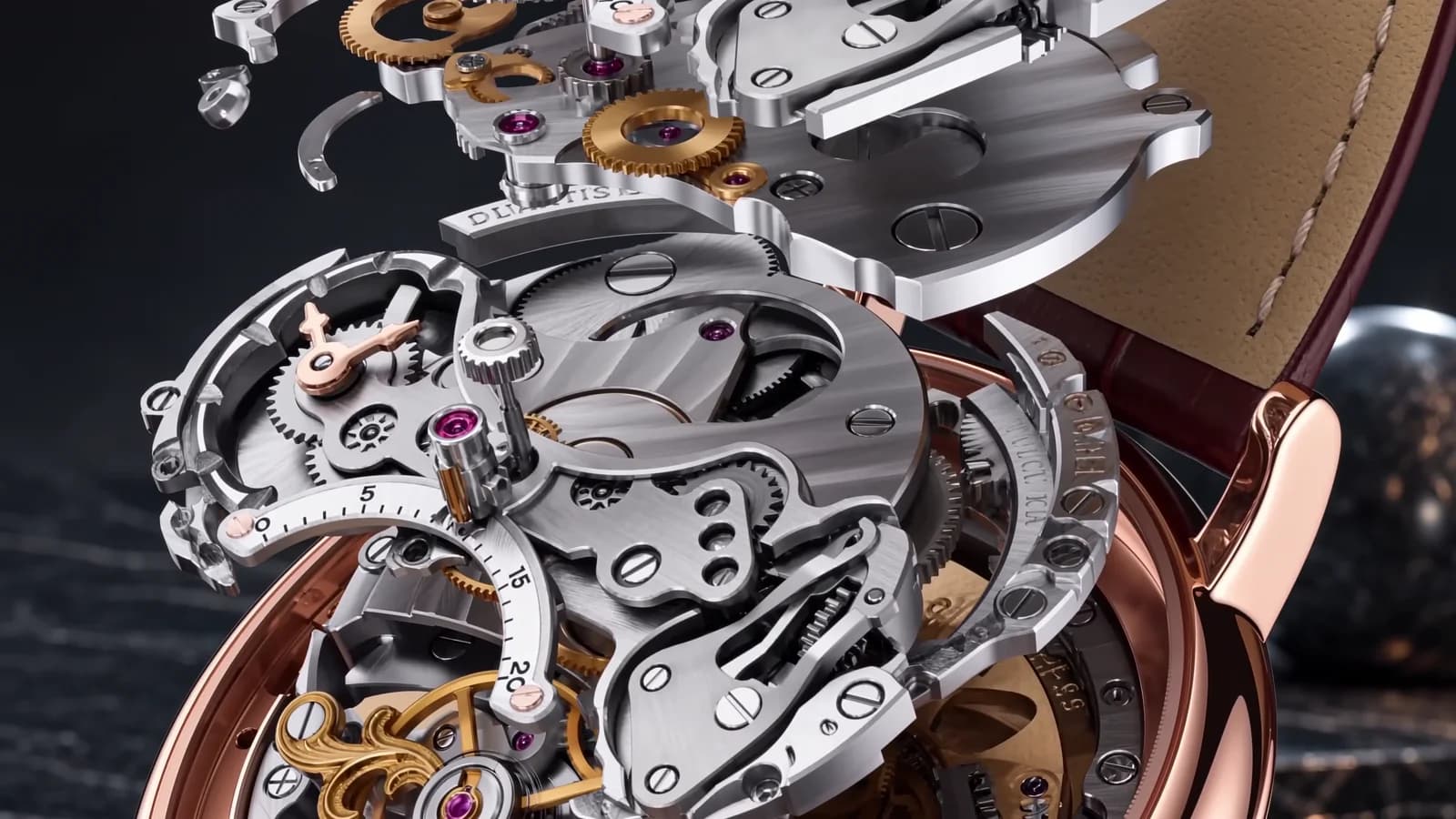 The opened movement of the Series One, with its gears and balance wheel