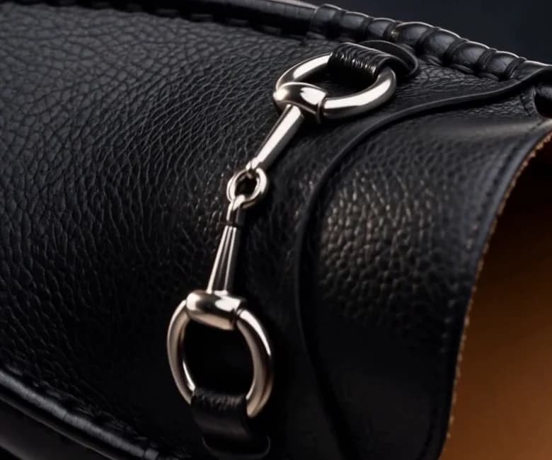 Close-up of the silver-tone horsebit across the loafer's vamp